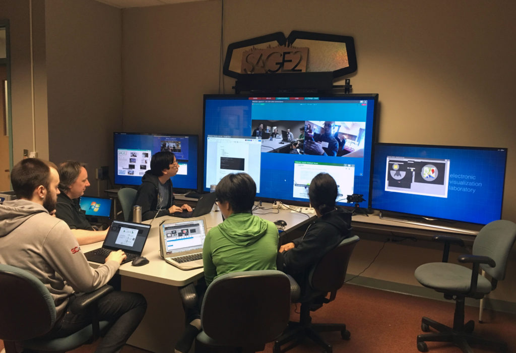 UIC/EVL staff member Luc Renambot and students Andrew Burks, Arthur Nishimoto, Kristine Lee and Krishna Bharadwaj participate in a SAGE2 remote collaboration session with Teodora Szasz during University of Chicago’s Mind Bytes.